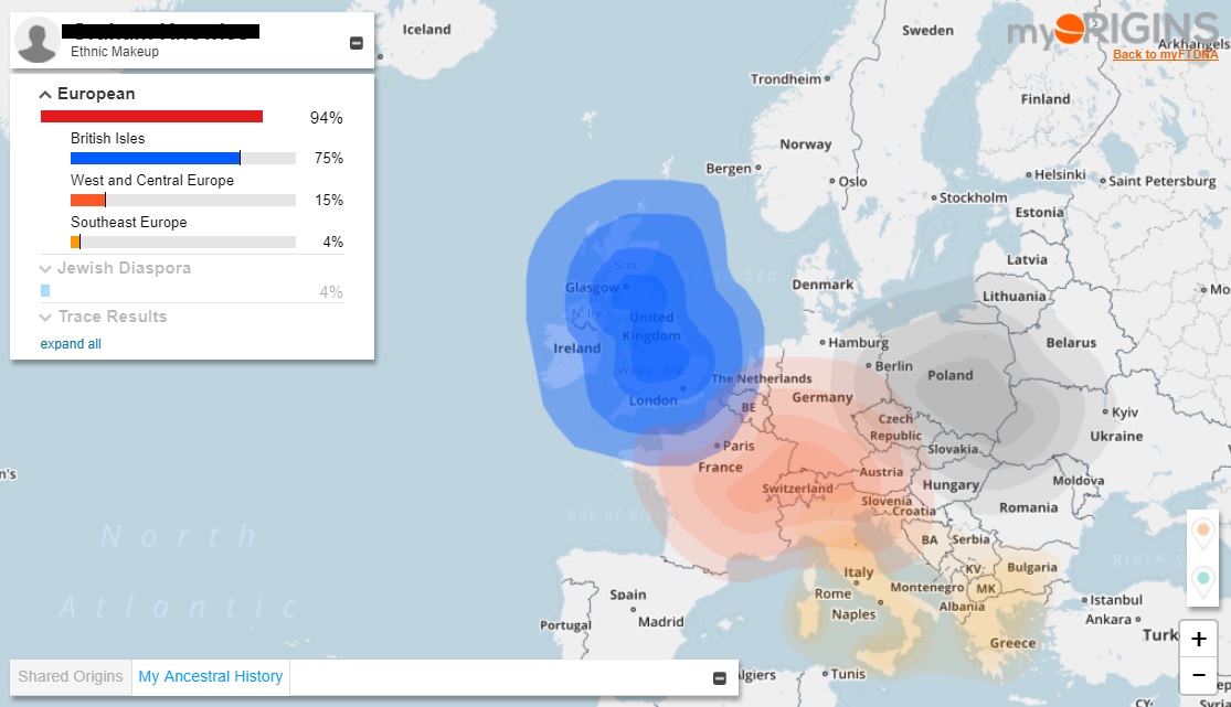 My myOrigins map, showing where in Europe my DNA is from.