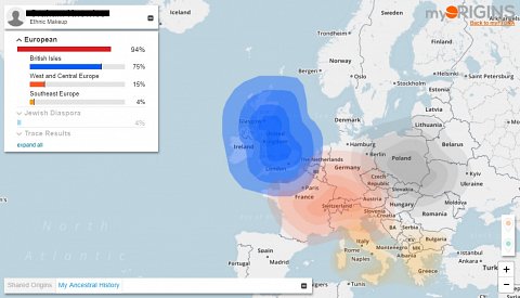My myOrigins map, showing where in Europe my DNA is from.