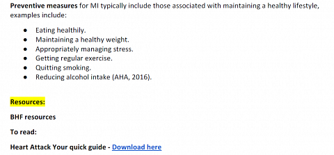 Resources offered in the Clinical significance section of my result for Myocardial infarction.