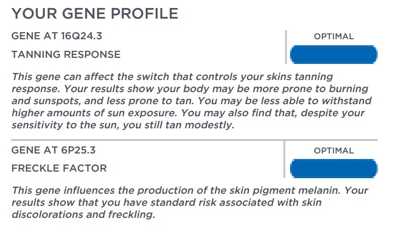 My Gene Profile for my Pigmentation result.