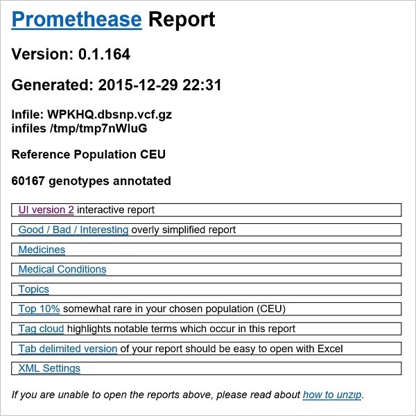 The opening page of the Promethease report.