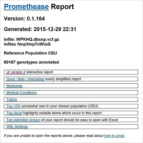 The opening page of the Promethease report.