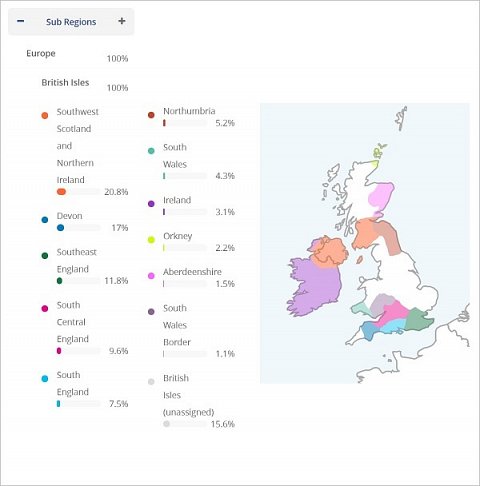 My Family Ancestry Map showing Sub Regions.