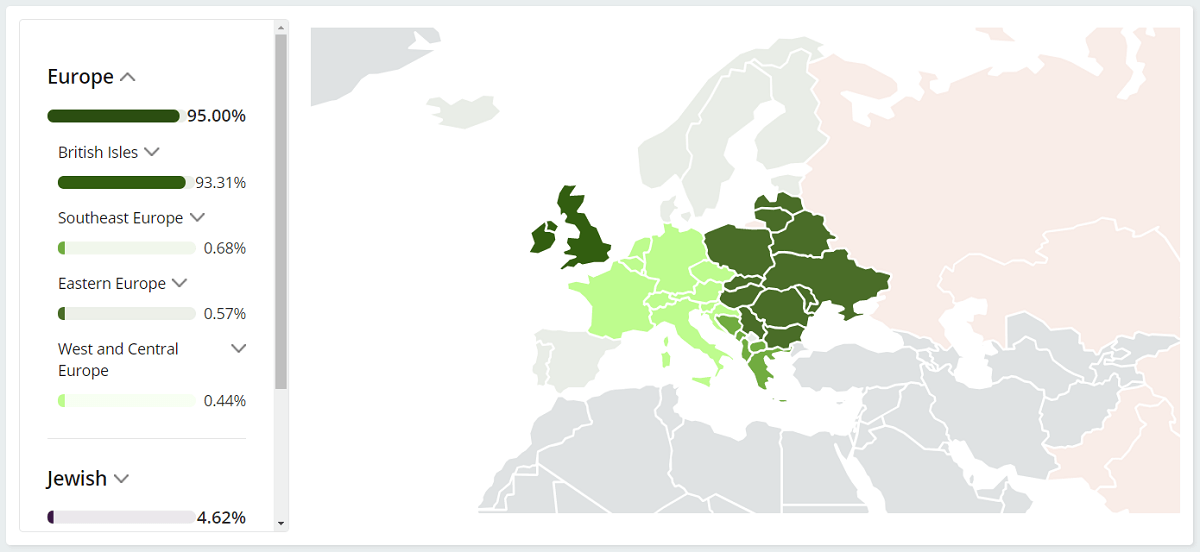 My ancestry results map, showing my European ancestry.