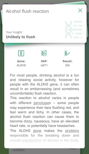 One of my Diet DNA results: Alcohol Flush Reaction.