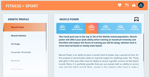 My genetic results for Sport, beginning with “Muscle Power”.
