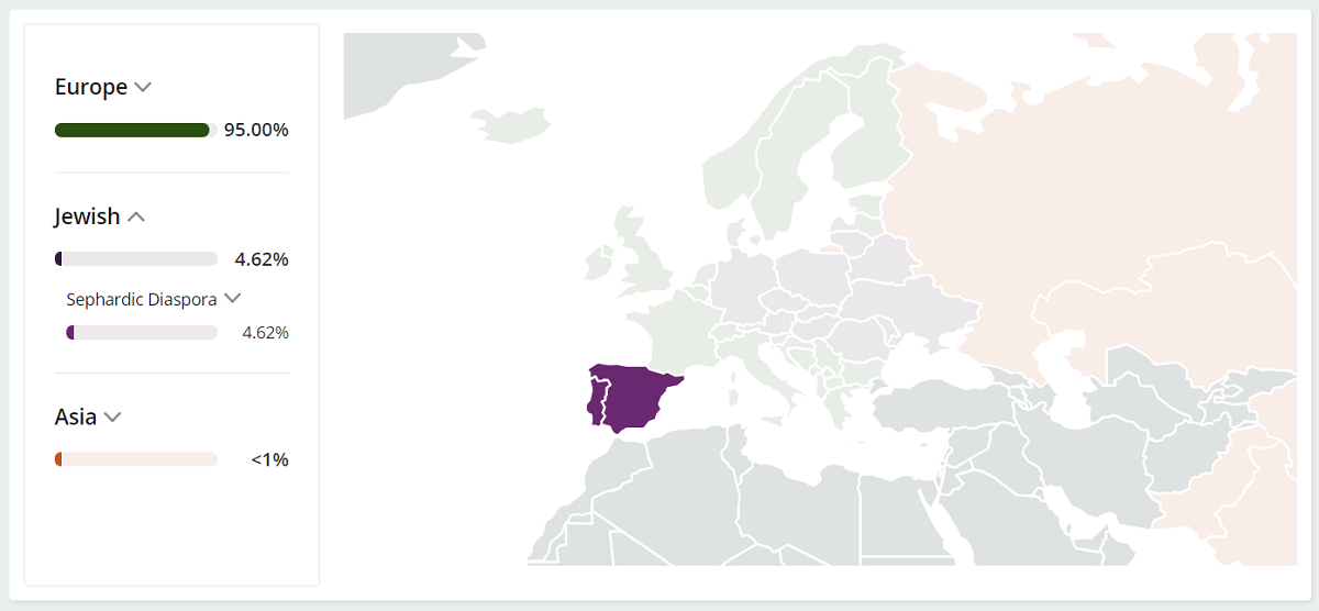 My ancestry results map, showing my Jewish ancestry.