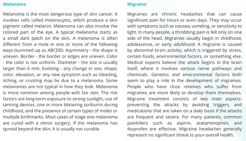 The descriptions for melanoma and migraine.