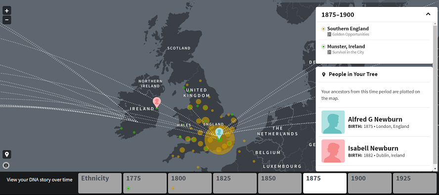 An AncestryDNA map showing ancestors born around 1875