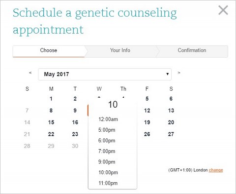 The first stage of the booking process for a genetic counseling appointment.