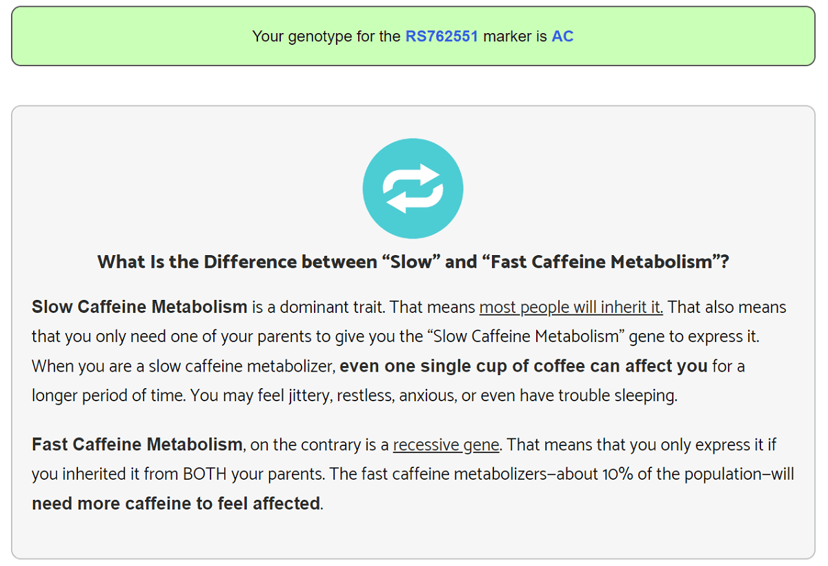 Details about my caffeine sensitivity result.