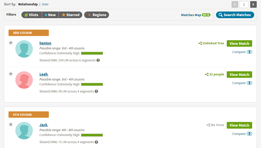 The Ancestry DNA Matches section