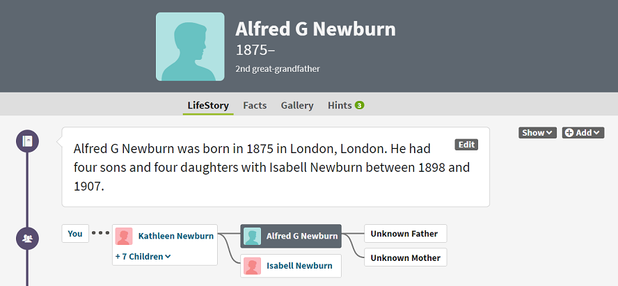 An example of an Ancestry family tree entry