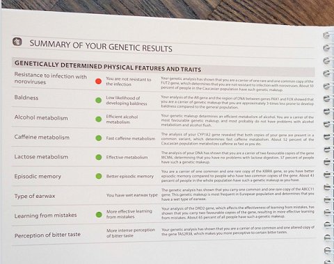 A summary of nine of my 14 genetically determined physical features and traits.