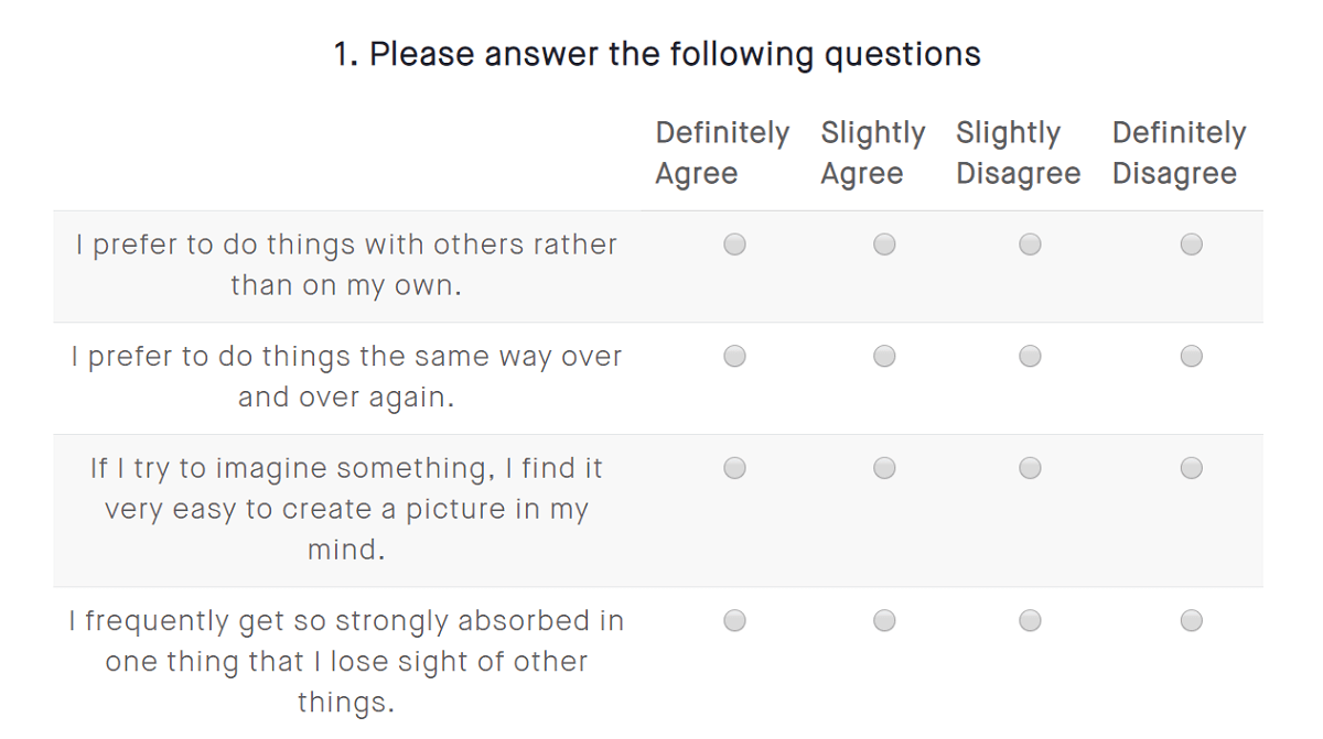 A snippet from the Autism Quotient questionnaire.