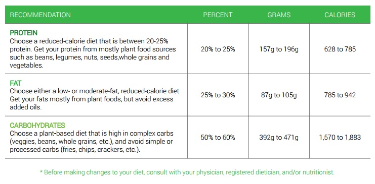 The Food table showing the recommended amounts of each macronutrient.