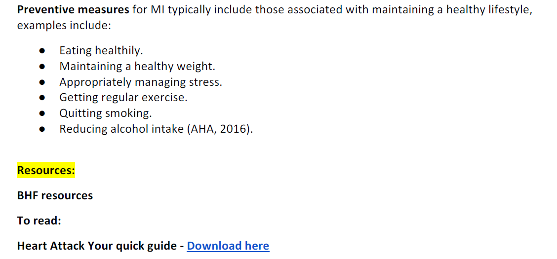 Resources offered in the Clinical significance section of my result for Myocardial infarction.