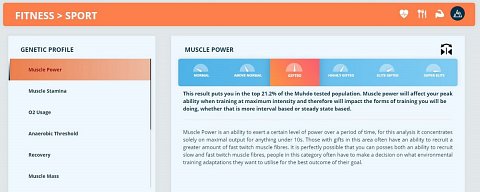 My genetic results for Sport, beginning with “Muscle Power”.