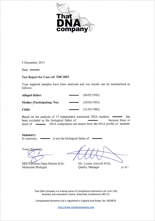 Paternity Test Results Template